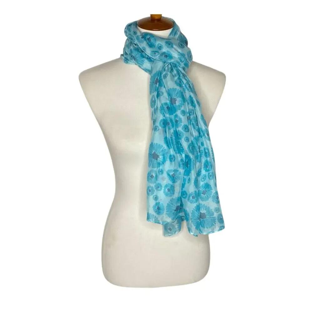 Life Is Good Scarf Sheer Floral Sky Blue Turquoise Lightweight One Size Boho